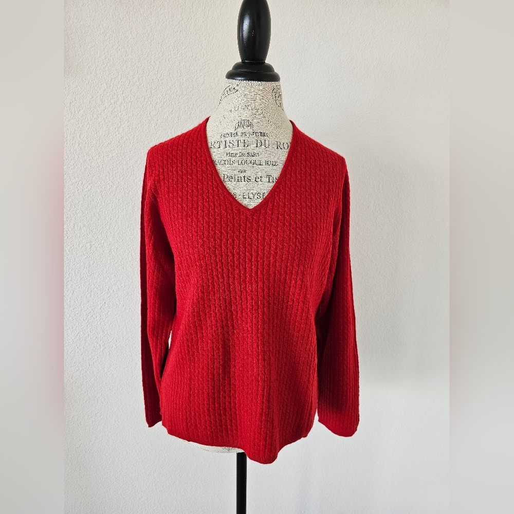 Charter Club Luxury 100% Cashmere V-Neck Sweater Red Cable Knit XL 2-Ply